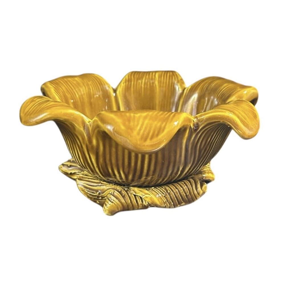 Bitossi Vintage Mustard Yellow Flower Shape Bowl Italian Pottery Figural 7"